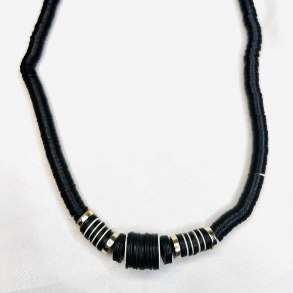 Vintage Handmade Black Disc Necklace 1980s, Layered Plastic Discs & Metal Accent - Picture 1 of 7